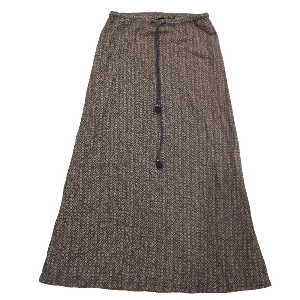 Eddie Bauer Womens XS Maxi Skirt Navy Blue Tan Geometric Print Tassel Drawstring